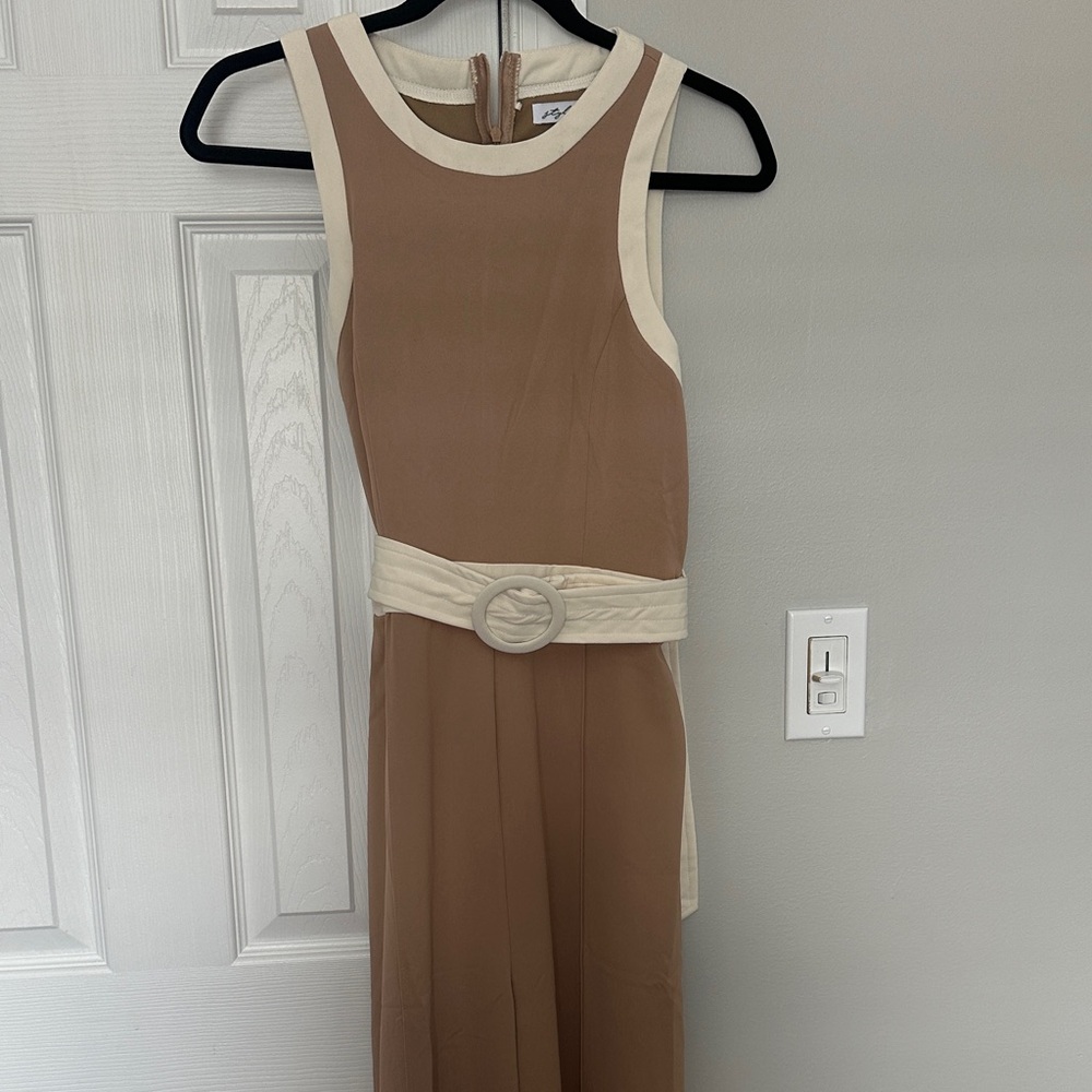Elegant Tan Sleeveless Dress with Belt